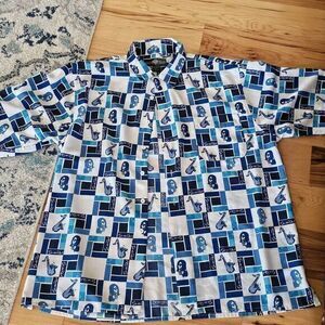Y2k VTG South Pole S/S Button Up Musical Saxophone Artist Baggy Blue White Check